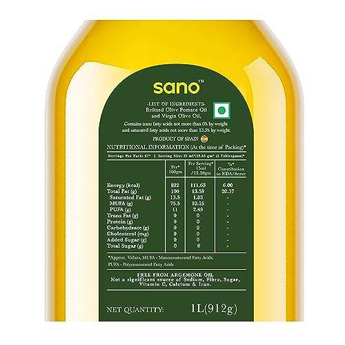 Image of Sano Pomace Olive Oil 3L Pet Bottle - Ideal For Frying, Roasting, & Sauteing | Rich Flavor & High Smoke Point | Versatile Cooking Oil For Indian Cuisine | Healthy Cooking Oil (3 Litre).