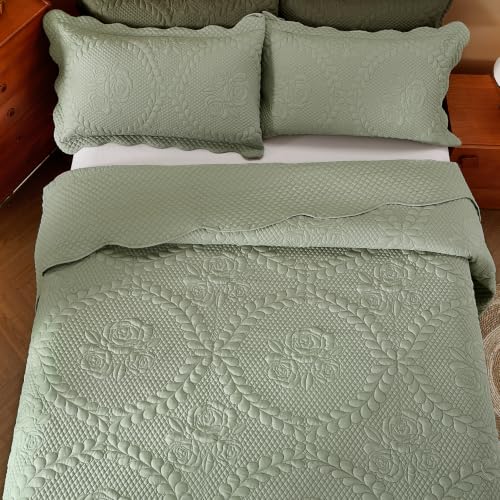 Image of EVENHUG Oversized King Bedspreads California King Quilt Set with Pillow Shams Extra Wide Large King Size Quilts Lightweight Coverlet Bedding Sets Sage Green 120 inchx128 inch