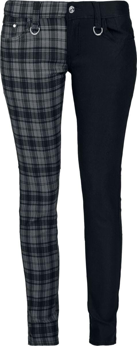 Banned Women's Black/Grey Half Tartan Plaid Check Emo Punk Split Leg Skinny Trousers (36W)