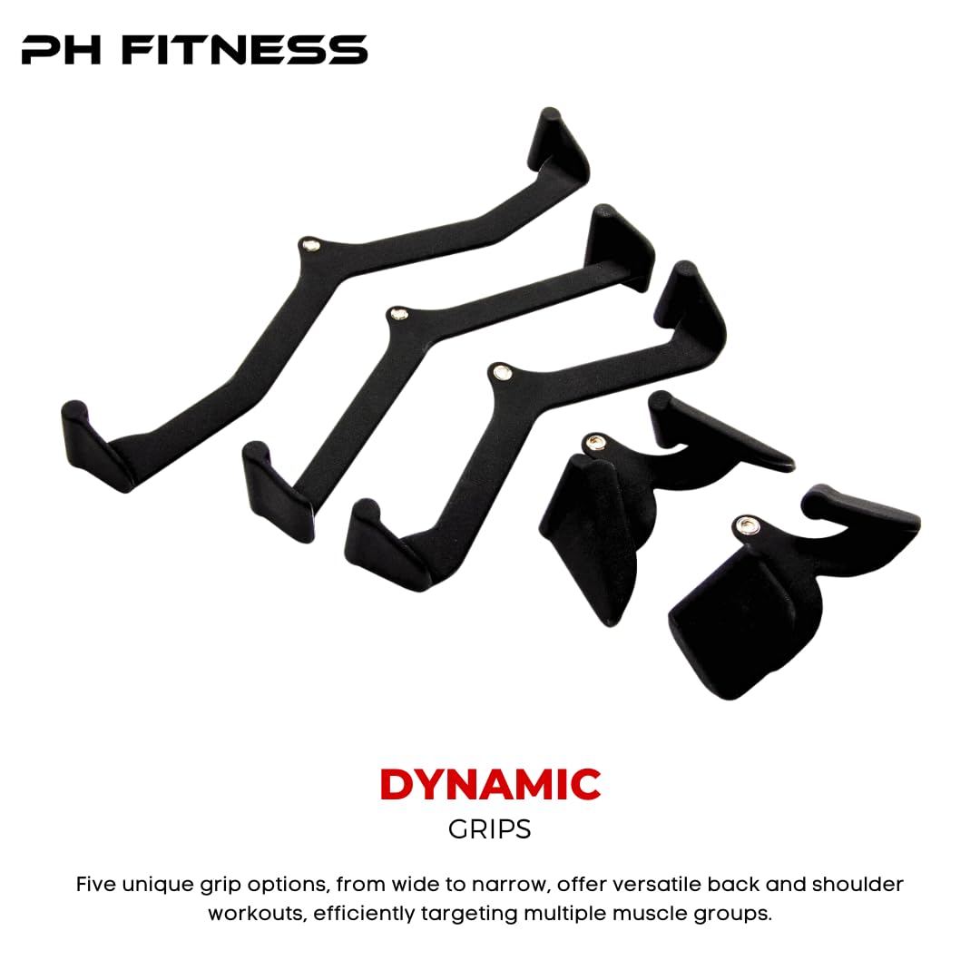 PH Fitness Zestaw Uchwytów do Wyciągu – 5 i 7 Akcesoria do Atlasu i Treningu Pleców – Drążek Lat Pulldown z Opcjonalnym Stojakiem – Gryf na Siłownię (Multigrip Set - 5)