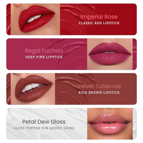 Image of Parul Garg Beauty Royal Bloom 4-in-1 Bold Shades Liquid Lipstick Stack with Gloss | Matte, Transfer-Proof, Lightweight | Travel Friendly Stackable Lipsticks for Women | Made for Indian Skin Tones