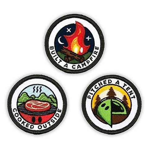 Winks For Days Adult Merit Badge Embroidered Iron-On Patches (Outdoors - Set 1) - Includes Three (3) 2" Patches: Cooked Outside, Built a Campfire, and Pitched a Tent Cover