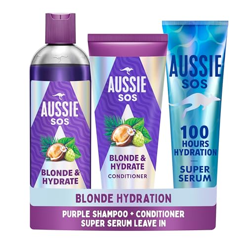 Aussie SOS Blonde & Hydrate Set: Purple Shampoo 300ml Conditioner 200ml and Super Serum All in One Leave-In Treatment 160ml
