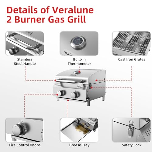 Image of Veralune Tabletop Gas Grill, Small Propane Grill, Portable 2 Burner Gas Grill, Locking Lid, 20,000 BTUs, Built-in Thermometer, Stainless Steel