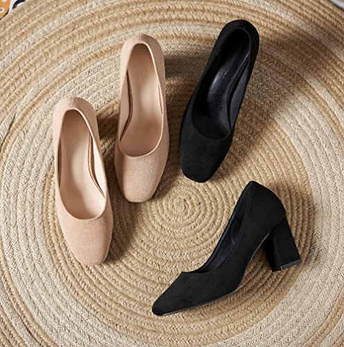 YooPrettyz Women Vintage Office Comfort Suede Leather Block High Heels Daily Square Toe Pumps Shoes for Work3