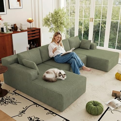 Image of 124 inch Boneless Cloud Couch Sectional Couches Sofa for Living Room | Modular U-Shaped Couch, Comfy Modern Corduroy Memory Foam Sofas with Deep Seat, Ottoman, Oversized Chaise (Green)