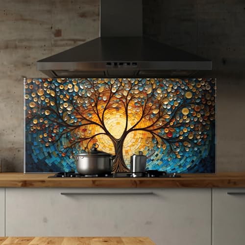 Roggmard Kitchen Backsplash, Stove Back Top Cover, Tree of Life Tempered Glass Splashback Tile, Kitchen Sink Cover Splash Guard, Home Kitchen Decor (30x24''-(76x61cm))