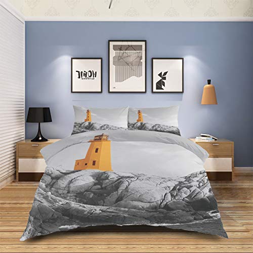 4-Pieces-Duvet-Cover-Sheet-Set-Yellow-Lighthouse-and-Rock-Bedding-Sets-Queen-Luxury-Soft-Bed-Quilt-Cover-Bedspread-with-Decorative-Pillowcases-Coastal-Scenery
