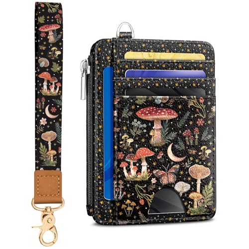 Image of Kelvoris Mushrooms Slim Wallet Women Credit Card Holder Small RFID Wristlet | Keychain, Zipper Coin Pocket, Front Pocket Thin Travel Card Case, Minimalist, 6 Card Slots, 1 ID Window, Ladies Gifts Woman