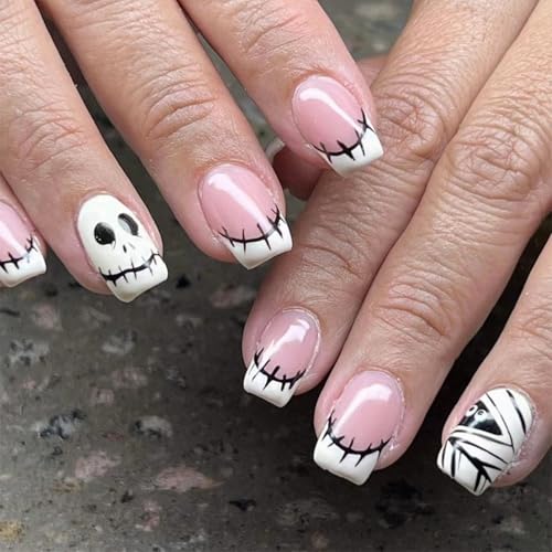 Halloween French Tip Press on Nails Short Square Shaped Fake Nail...