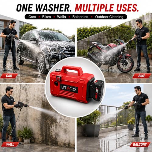 Image of STARQ TurboElite 48V Cordless High Pressure Washer, 1200 Watts, 120 Bar, 8 LPM, with 2 x 5000mAh Batteries, 8 Meter Hose Portable Car, Bike, and Home Cleaning (Double Battery Included)