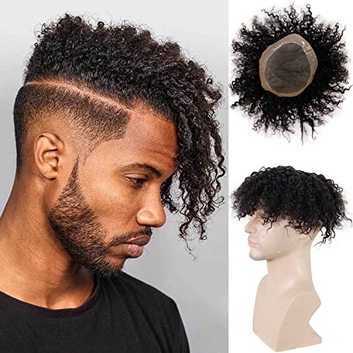 Voloria Toupee for Man Europen Human Hair Replacement Systems Men Hairpiece Mono Lace with PU Around Curly Wig (Natural Black Color, 9"x7")