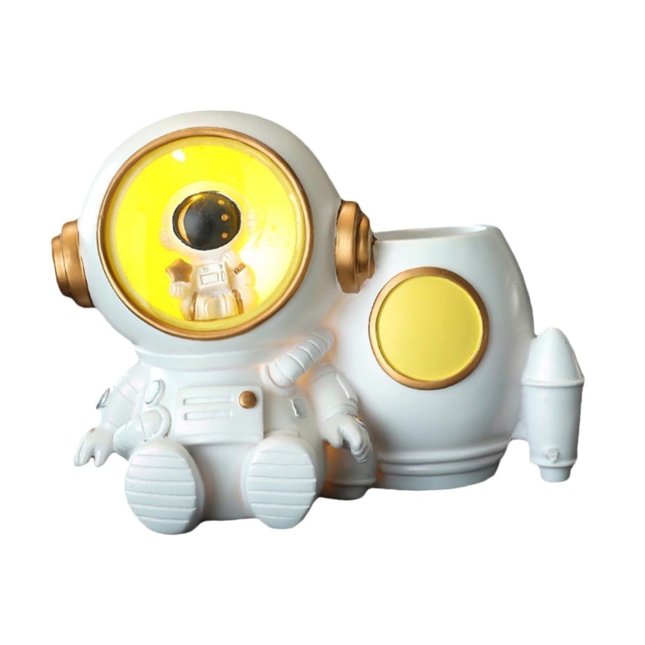 Portapenne Astronauta in Resina con Luce Led, Capacità Grande per Penne e Biglietti da Visita, Accessorio Ufficio Bianco per Scrivania Bambini