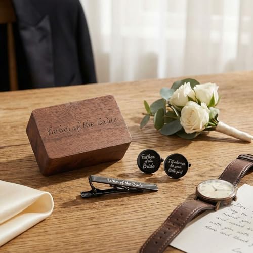 Image of Colingmill Father of the Bride Gift Dad of the Bridegroom Cufflinks Tie Clip Set with Engraved Wood Gift Box for Dad