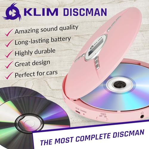 Image of KLIM Discman Portable CD Player with Headphones, Built-in Battery - New Version - CD Players for Home, Car - Compatible w /SD Card, CD, CD-R, CD-RW, MP3, WMA - 5 EQ Effects - Walkman CD Player - Pink
