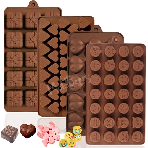 Image of MoldBerry Silicone Chocolate Mould Set of 4 | Gift Box, Big Heart, Small Heart & Emoji Shape | Non-Stick Candy Molds for Chocolate, Jelly, Gummy, Festive Sweets | Flexible & Reusable Baking Mold
