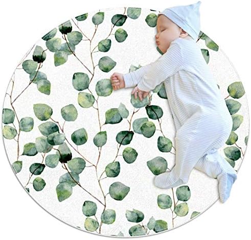 Watercolor Green Floral Eucalyptus Leaves Nursery Rugs Round Kids Rug Circle Rug Kids Play Mat for Infants Boys Girls Soft Carpet Area Rug,39.4x39.4IN