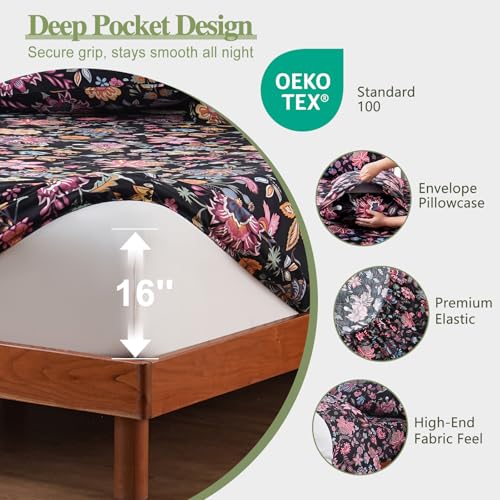 Image of Bedlifes King Floral 4-Piece Sheet Set - Cooling Sheets Blend Rayon Derived from Bamboo,Soft & Breathable, Deep Pocket 16 inch, Wrinkle Resistant - Vibrant Boho Floral Black Red
