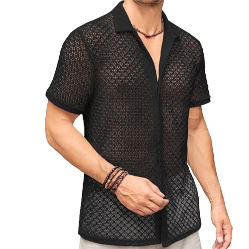 Haut de plage homme voir à travers en tricot crochet noir effet dentelle