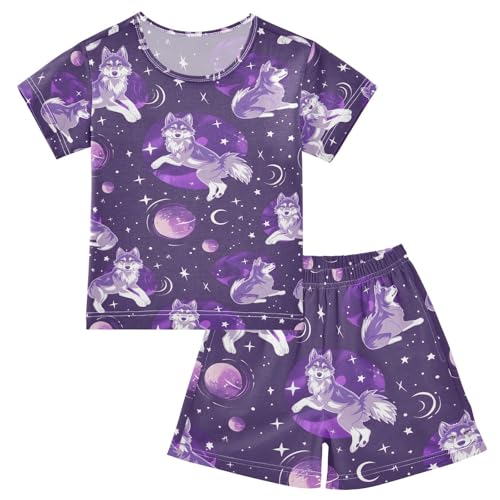 ALAZA Wolf Starry Sky Pajamas Set Short Sleeve Cotton Sleepwear Summer Pjs 2 Piece 5-14Y