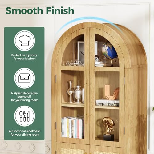 Image of 71 inch Tall Arched Pantry Cabinet with Glass Doors, 5-Tier Modern Kitchen Storage Cabinet, 3 Adjustable Shelves Wooden Pantry Storage Cabinet for Kitchen, Dining Room, Living Room, Oak