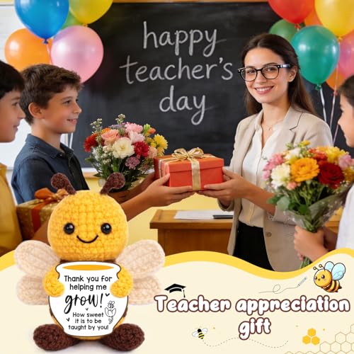 Image of Mini Teacher Appreciation Gifts for Women Men Back to School Teacher Gifts | Thank You Gifts for Teacher Coworker Positive Handmade Crochet Bee Birthday Retirement Office Gift Fall Desk Decor