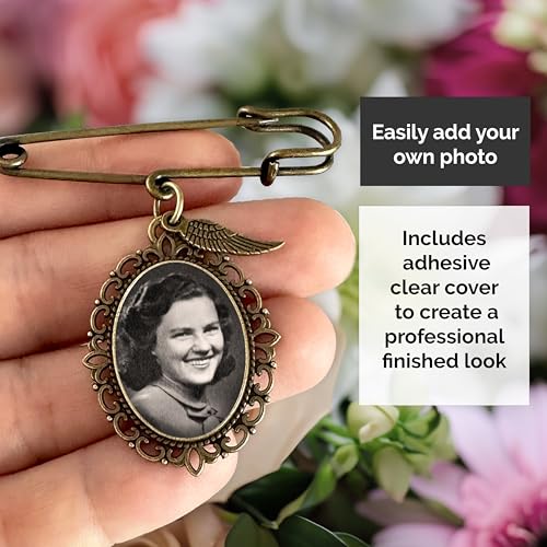 Image of Bronze Wedding Bouquet Photo Charm Pin Antique Gold Angel Wing Memorial Charm for Bride's Bouquet Add Your Own Picture