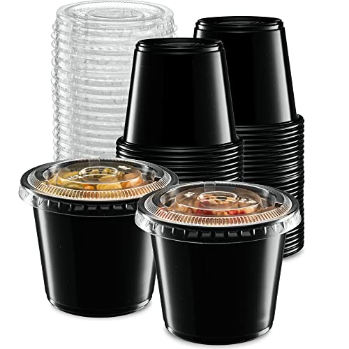 Image of (5 oz - 100 Sets) Black Diposable Plastic Portion Cups With Lids, Small Mini Containers For Portion Controll, Jello Shots, Meal Prep, Sauce Cups, Slime, Condiments, Medicine, Disposable Souffle Cups
