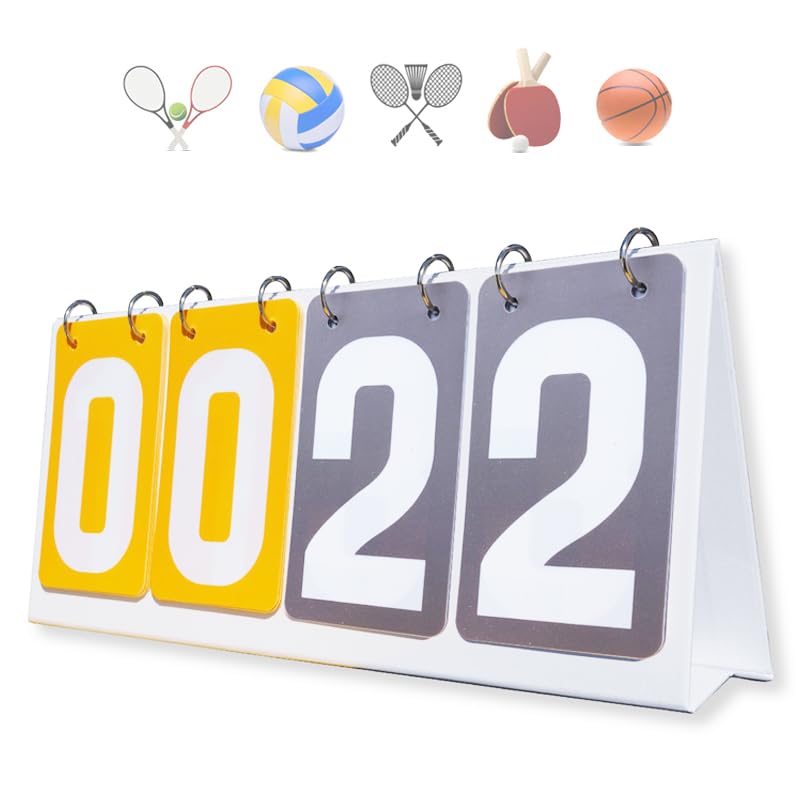 Honicemar Waterproof Double-Digit Sports Scoreboard Portable Flip 4 Digit Score board for Sports Competition Football Basketball Tennis Rugby Table Tennis Badminton Score Keeper and More - yellow gray