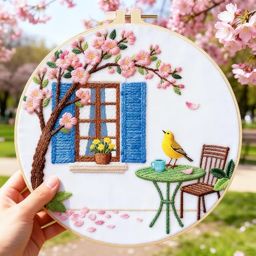 Image of BEUNITONE 6 Set Flowers Embroidery Kit for Beginners Vintage Garden Scene Pre-Stamped Pattern, Needlepoint Kits for Adults Beginners, DIY Handmade Embroidery for Home Decor and Gifts 20x20cm