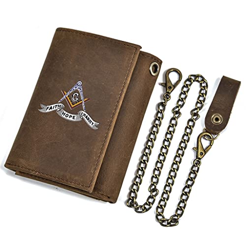 Unique Men's Genuine Leather Trifold Wallets with Chain, Full Grain Leather Handmade Western Rodeo Credit Card Holder Freemasons Slim Vintage Short Purse Luxury Male Gift,Brown,Style 132