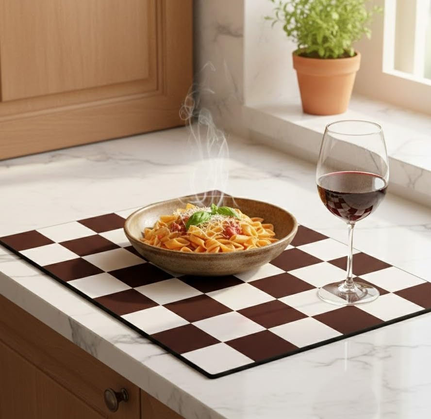 Image of HomeCloud Dish Drying Mat for Kitchen Counter Hide Stain Super Absorbent, Non-Slip, Heat-Resistant, Great for Dishes,Rack Pad, Kitchen Counter, Coffee Maker, Coffee Item (Chess D.Brown, 50X40cm)