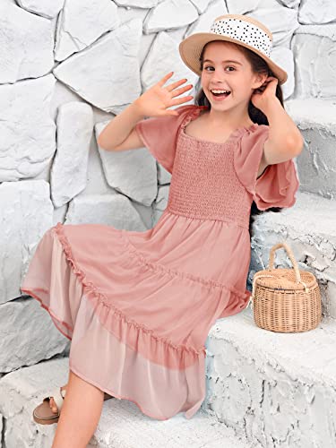 Kingdenergy Girls Summer Chiffon Casual Dress Square Neck Ruffle Short Sleeve Frilly Smocked Elastic Ruffle Hem Tulle Dresses Pink #TOP5