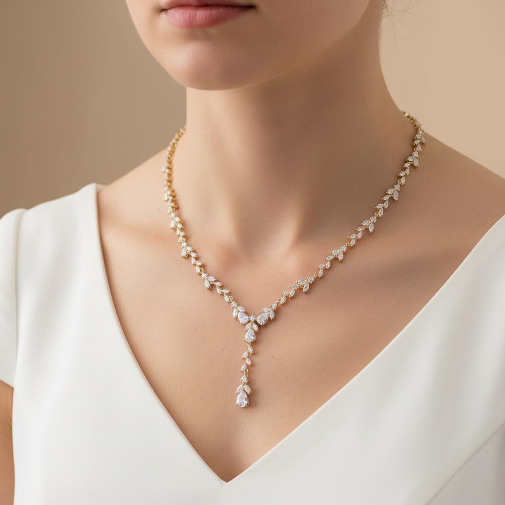 EVER FAITH Juego de joyas para mujer, fiesta de novia, elegante hoja marquesa con circonitas, collar y pendientes en forma de Y, pulsera para bodas, banquetes y fiestas