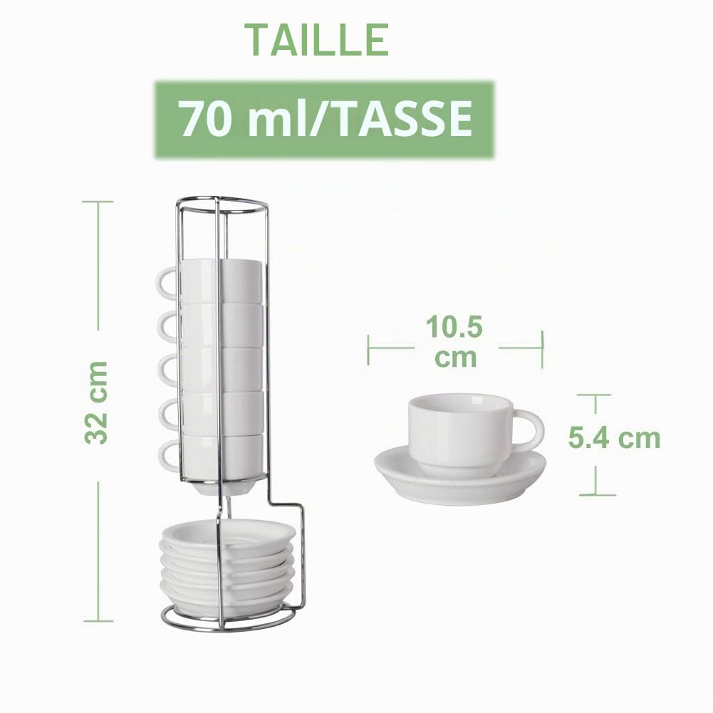 Sweejar Home Lot de 6 tasses à expresso et soucoupes en porcelaine empilables avec support en métal, 70 ML pour lait, café, café, moka, thé, lot de 6 blanc