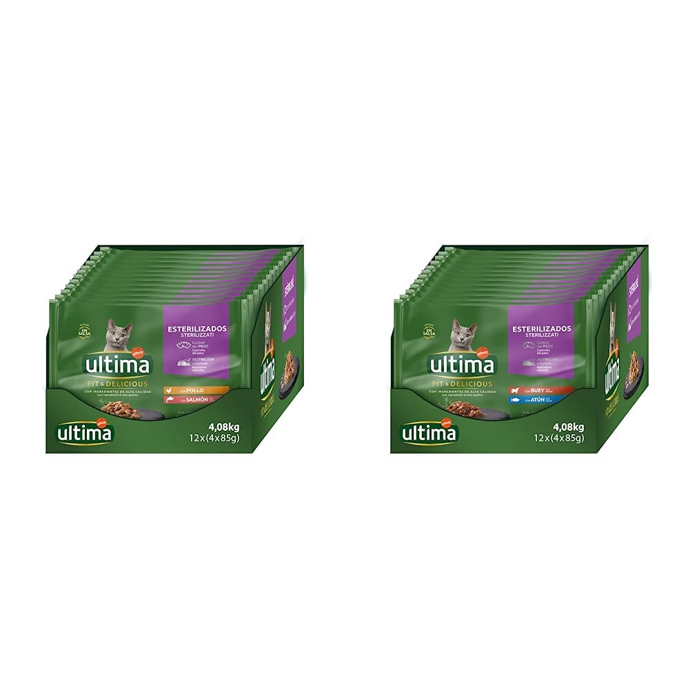 Ultima Comida Húmeda para Gatos con Pollo y Salmón, 4 x 85 gr x 12 (4.08 kg) & Comida Húmeda para Gatos con Buey y Atún, 12 x (4 x 85 gr), 4080g