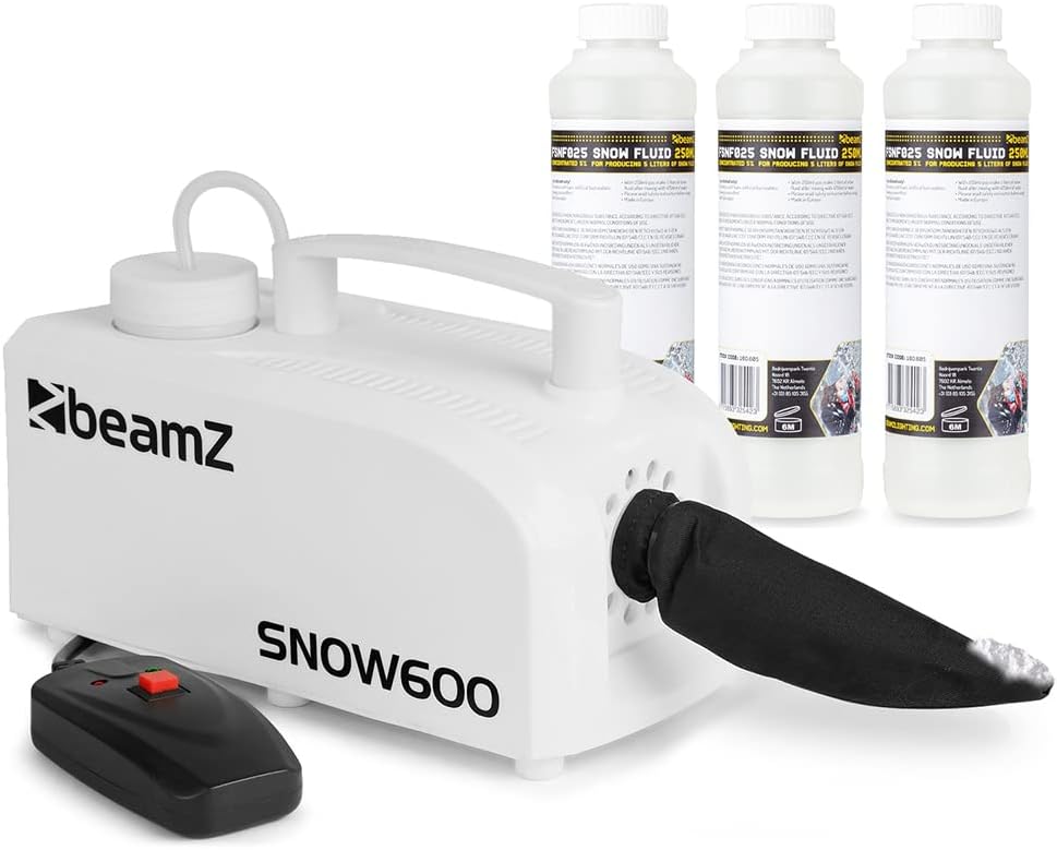 beamz SNOW600 Fake Snow Machine with 15L Concentrated Fluid - Realistic Snowflakes Effect for Weddings, Events and Parties, Compact Special Effects Snow Machine for Party Use
