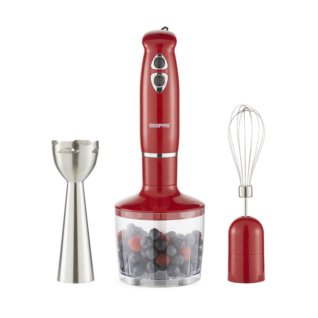Geepas GHB6136 400W Hand Blender - Stainless Steel Blades with 2 Speed for Baby Food, Soup, Juice | 860ml Chopper Bowl & Electric Egg Whisk - 2 Years Warranty