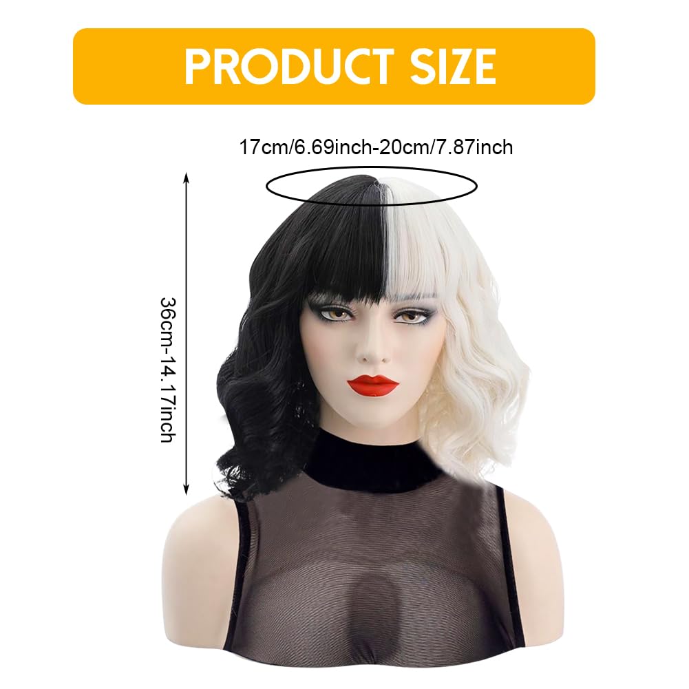 Aomig Short Black and White Wig, Medium Long Curly Wavy Wig, Half Black Half White, Cosplay Party Costume with Hairnet - Image 3