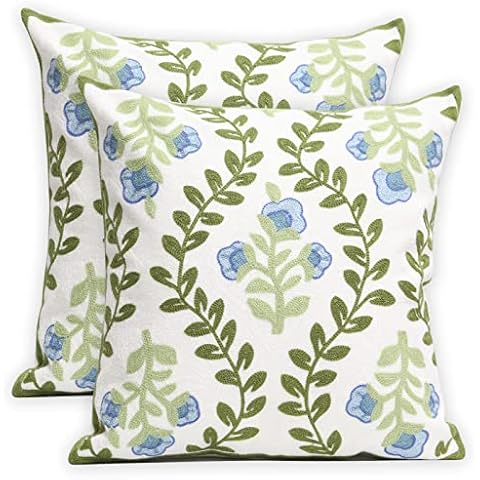 Pilmandu Set of 2 Embroidered Decorative Throw Pillow Covers Couch Square Pillowcases Cushion for Bedroom Sofa Farmhouse Decor 18x18 Inch (Blue Floral) Cover