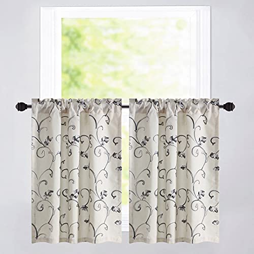 VOGOL Gray Vine Embroidered Tier Curtains, 30 x 36 Inches, 2 Panels