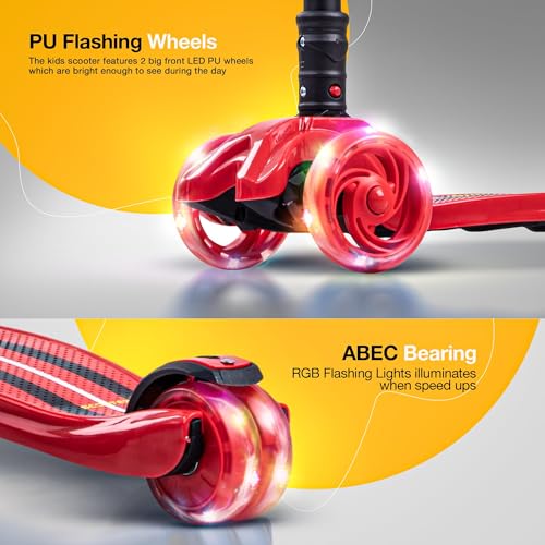 Image of Baybee Flash Kick Scooter for Kids | Smart Foldable 3 Wheel Kids Scooter with 4 Height Adjustable, LED PU Wheels & Brake | Skating Scooters Upto 75 Kg Capacity | Skate Scooters for Kid (Red)
