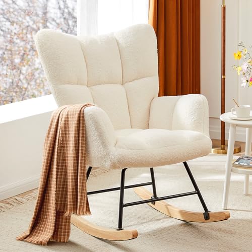 Image of Sweetcrispy Rocking Chair for Nursery, Teddy Upholstered Glider with High Backrest, Padded Seat, Modern Accent Recliner, Comfy Cushion Reading Rocker Armchair, Living Room, Bedroom Furniture, Beige