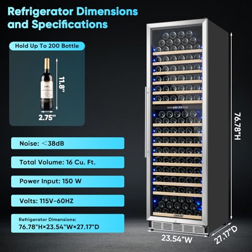 MZAVP 200 Bottle Wine Fridge, 24 Inch Wine Cooler Refrigerator Freestanding or Built-in, Professional Dual Zone Temperature Control, Low Noise Operation and Advanced Compressor Cooling on Fridge.com