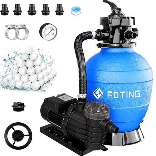 FOTING Sand Filter Pump for Above Ground Pool with Timer, 13in, 1 HP, Max 3800GPH for Pools Up to 13000GAL, 6-Way Valve, Enhanced Circulation for Crystal-Clear Pool