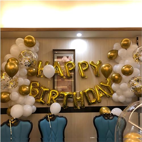 Image of 12Inch White and Glod Party Balloons with White Glod Confetti Balloons for Birthday, Baby Shower,Family Parties,Graduation Engagement Decoration Pack of 50pcs