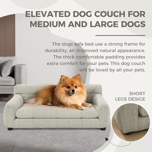 Image of Dog Couch Bed, 38 inch Sofa for Dogs with Backrest and Armrest, Durable Pet Sofa with Soft Foam Cushion, Elevated Dog Couch Bed with Legs for Medium Dogs, Beige