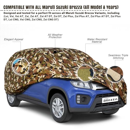 Image of Pivalo Car Body Cover for Maruti Brezza All Model & Years (2016-2025) 100% Waterproof with Mirror Pockets, Triple Stitched Dustproof Heat Resistant UV Protection (Military /Jungle /Camouflage)