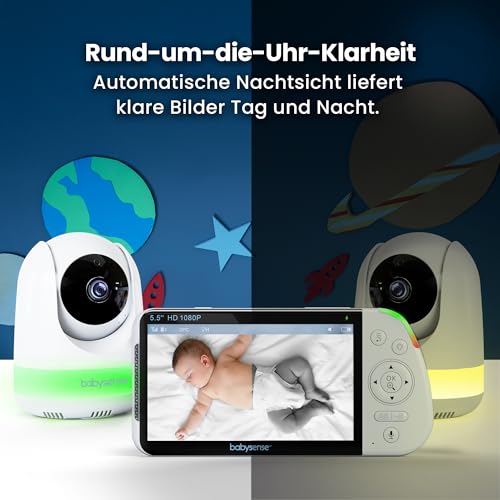 Babysense Full HD Split-Screen-Babyphone mit 2 Kameras, Nachtlicht in 6 Farben, Geräusch- & Lichtmaschine, 20-Stunden-Akku, abhörsichere Verbindung ohne WLAN