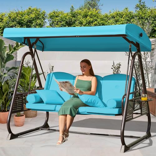 Image of 3 in 1 Outdoor Porch Swing with Adjustable Canopy, 3 Seat Outdoor Swing for Adults, Patio Swing Chair with Thickened Cushions,Pillows & Cup Holders for Backyard, Porch, Garden (Lake Blue)
